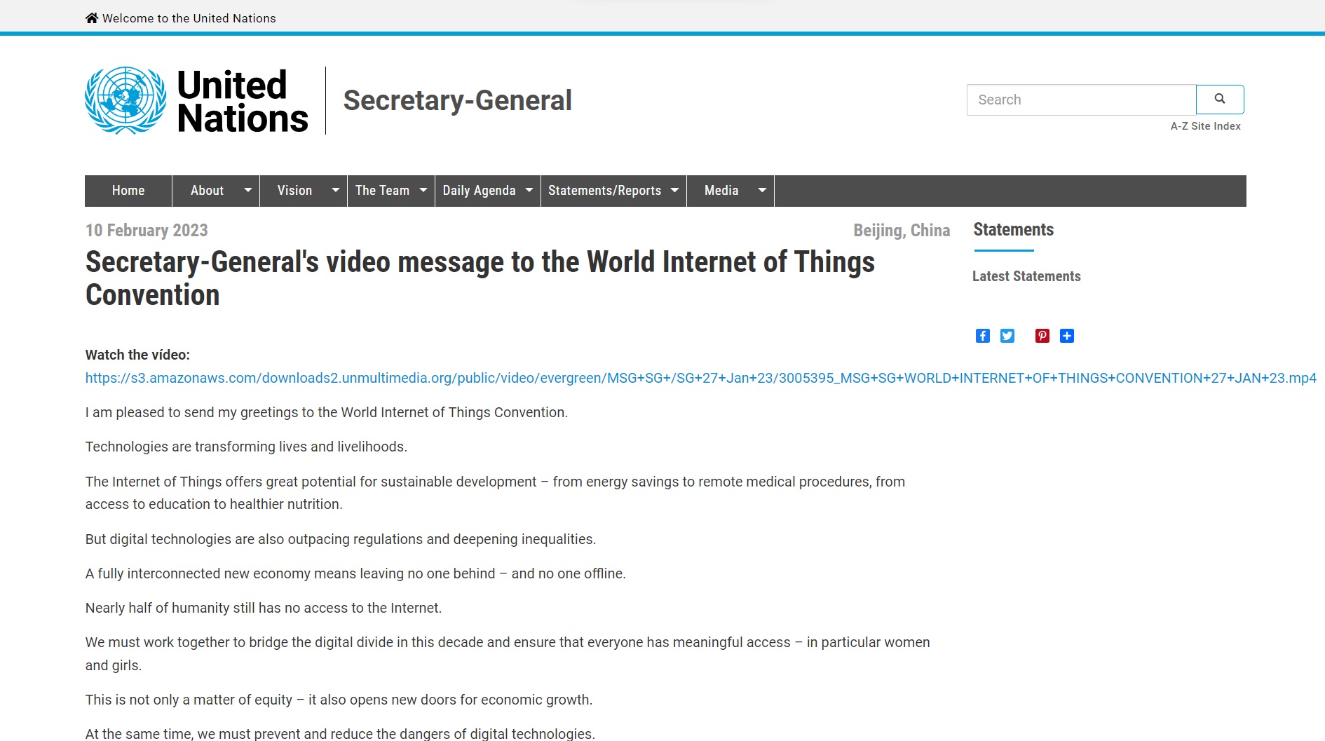 Breaking News | The Official Website of the United Nations Releases UN Secretary-General António Guterres’s Speech to the World Internet of Things Convention